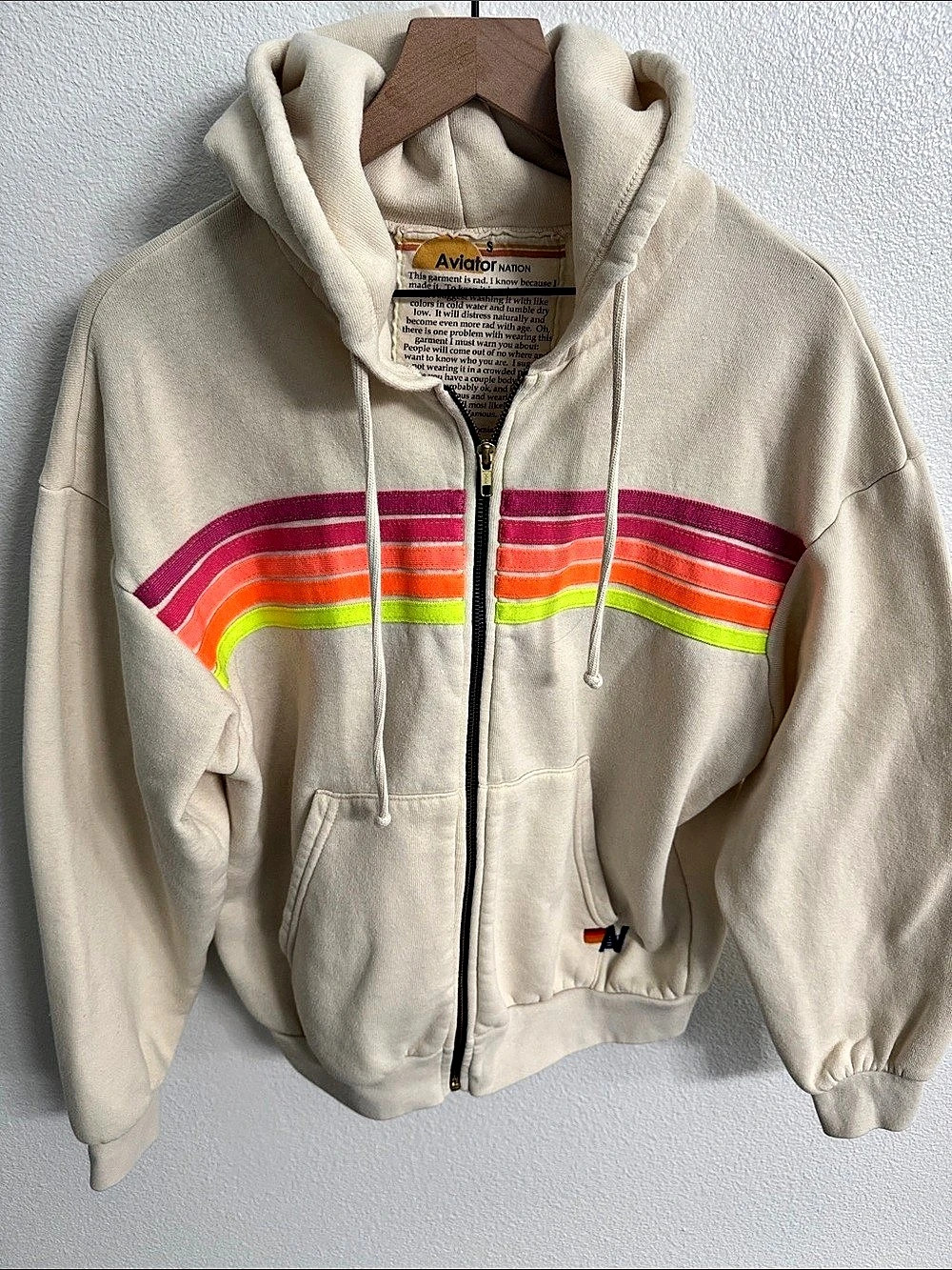 Aviator Nation 5 Stripe Zip Hoodie Neon Rainbow Stripe Cream Size Small